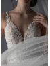 Beaded Ivory Lace Tulle Pearl Deep V Buttons Back Wedding Dress
